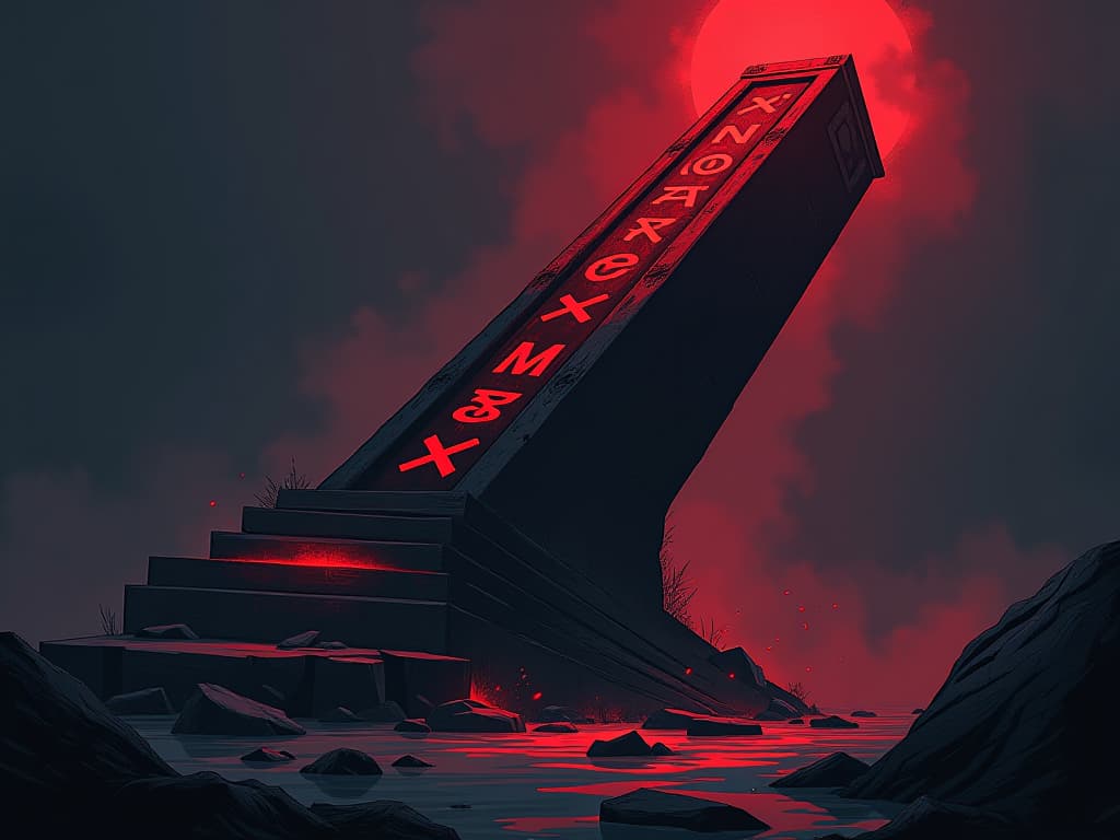  fallen ancient pillar, covered in red runes, broken at the base, eerie glow, far reaching consequences. the style is digital art illustration / modern comic book / graphic dark novel fantasy and mysterious occult, symbolic, moody lighting, esoteric vibe,high detail on character design. for the color scheme emphasize blacks and reds.