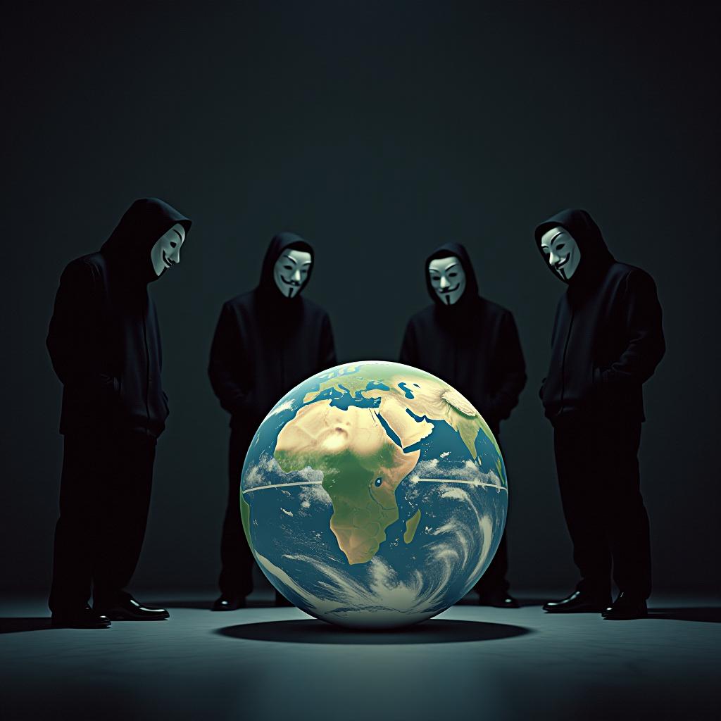  cinematic photo four men wearing anonymous masks stand and look at a large, large, earth like ball, a dark background, people looking down on the ball, the ball lies on the floor . 35mm photograph, film, bokeh, professional, 4k, highly detailed