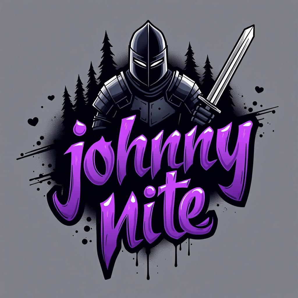  design a logo, in a realism style. knight black and purple graffiti, with the text 'johnny nite '.