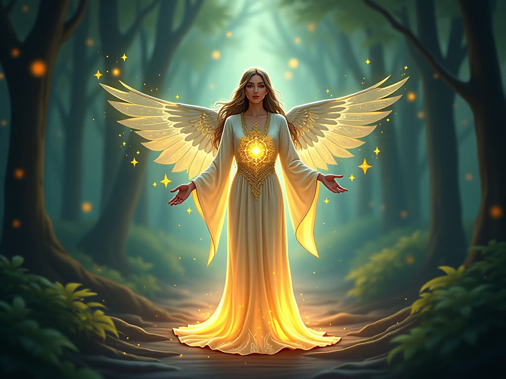  an ethereal being in radiant robes, standing amidst a glowing forest. mystical symbols float around, representing internal worth and the steadfastness of their chosen path despite external judgments.. the style is digital art illustration,highly detailed, whimsical,magical, dreamlike atmosphere, realism and fantasy blend, smooth, glossy textures,luminous quality, wonder and enchantment.