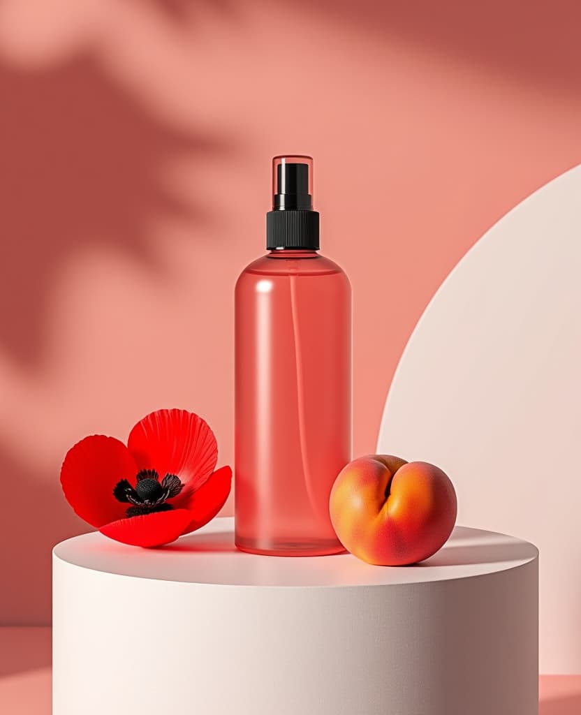  fashion editorial style spray bottle (without labels 1.2 , without logo 1.2, without label 1.2) on a white podium with a red poppy flower and peach fruit 1.2) . high fashion, trendy, stylish, editorial, magazine style, professional, highly detailed hyperrealistic, full body, detailed clothing, highly detailed, cinematic lighting, stunningly beautiful, intricate, sharp focus, f/1. 8, 85mm, (centered image composition), (professionally color graded), ((bright soft diffused light)), volumetric fog, trending on instagram, trending on tumblr, HDR 4K, 8K