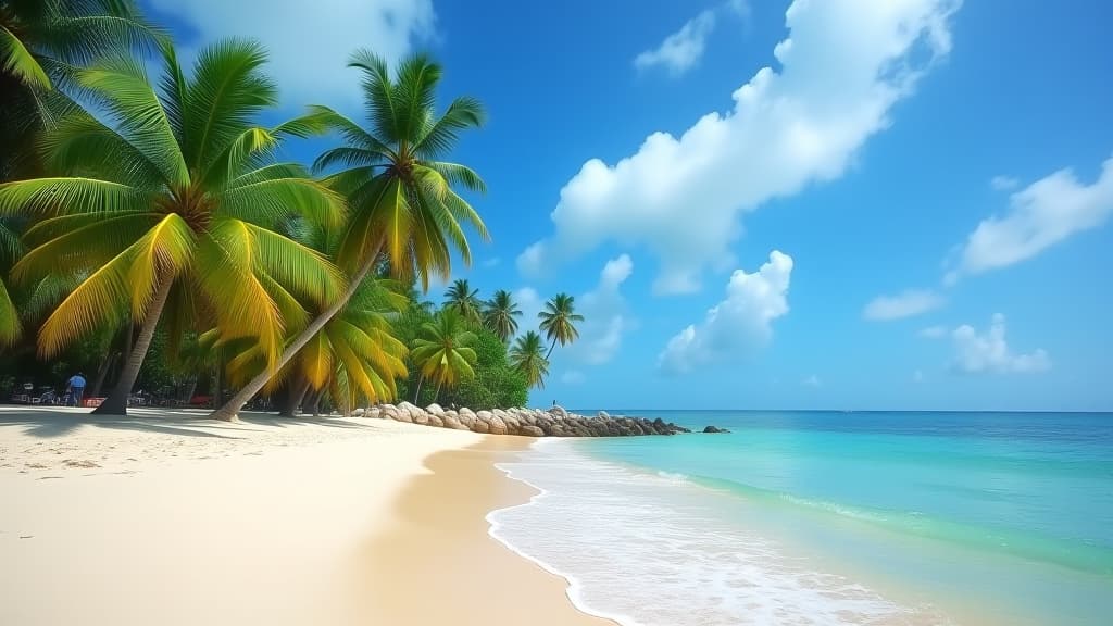  tropical beach with palm trees and blue sky