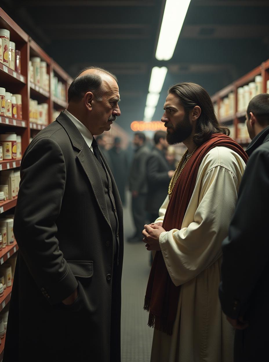  adolf hitler and jesus waiting in line to get into a store, high quality, high details, hd, perfect composition, 4k epic detailed, highly detailed, sharp focus, high resolution