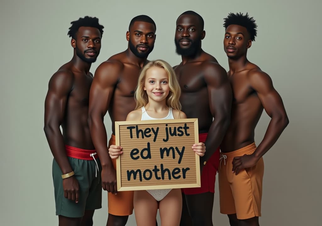  a group of four african muscular men only in shorts standing behind a small blonde white holding a board written with "they just ed my mother" in video studio background