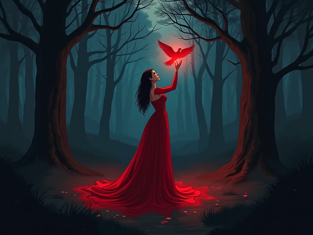  enchantress in red dress, standing in twilight forest, lifting fallen bird with glow, mood of rejuvenation. the style is digital art illustration / modern comic book / graphic dark novel fantasy and mysterious occult, symbolic, moody lighting, esoteric vibe,high detail on character design. for the color scheme emphasize blacks and reds.