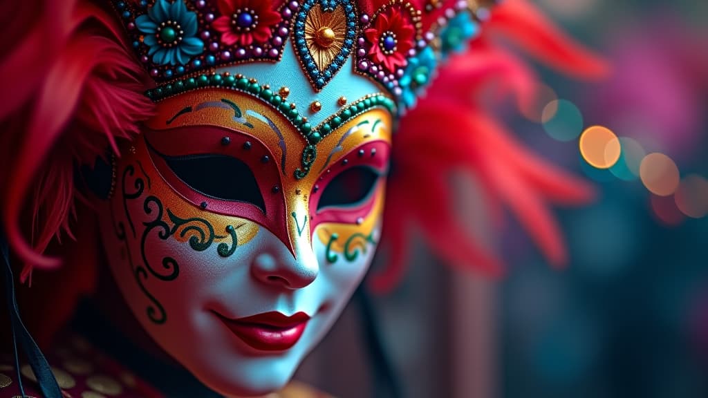  bright multicolored carnival mask, festival and entertainment concept, space for text