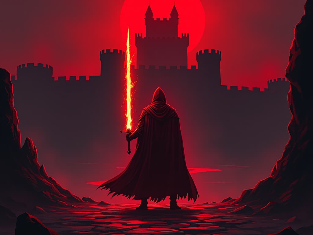  red knight holding a flaming sword, standing before an ancient fortress, atmosphere of resolute stance. the style is digital art illustration / modern comic book / graphic dark novel fantasy and mysterious occult, symbolic, moody lighting, esoteric vibe,high detail on character design. for the color scheme emphasize blacks and reds.