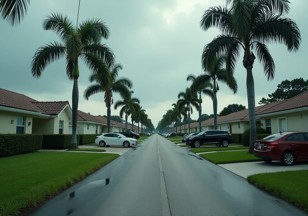  suburban neighborhood (where the characters live) "a hyper realistic depiction of a middle class suburban neighborhood in miami, florida. the houses are modest, with well kept lawns, and palm trees line the streets. the sky is overcast, and the light gives a slightly ominous feel to the otherwise peaceful scene. cars are parked in driveways, and there’s a faint reflection of rain puddles on the street, suggesting a recent storm. the homes look similar, creating a sense of normalcy, hiding the dark secrets of the story.", high quality, high details, hd, perfect composition, 4k epic detailed, highly detailed, sharp focus, high resolution