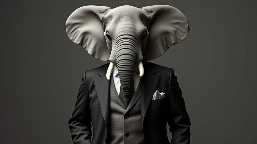  elephant dressed in a classy suit, standing as a successful leader and a confident gentleman. fashion portrait of an anthropomorphic animal posing with a charismatic