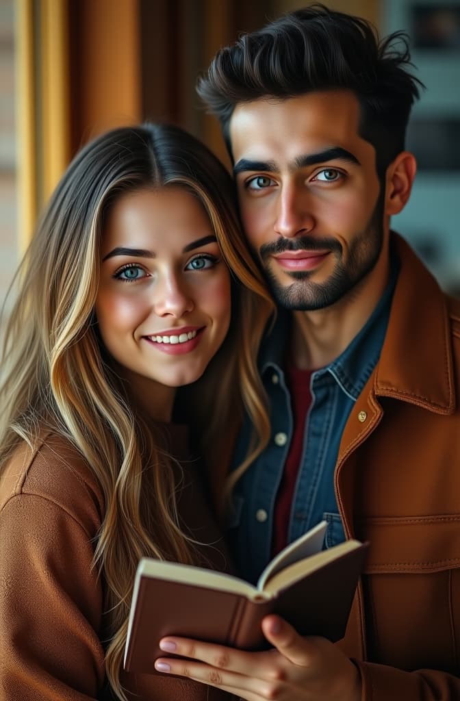  ana é uma jovem estrangeira de 25 anos, com cabelos loiros e ondulados que caem suavemente sobre seus ombros. seus olhos são de um azul profundo, refletindo sua curiosidade e espírito aventureiro. ela tem uma pele clara e um sorriso encantador que ilumina qualquer ambiente. ana adora vestir roupas leves e coloridas, que combinam com sua personalidade vibrante e alegre. ela está sempre com um livro na mão, pois ama ler e descobrir novas histórias. murate, por outro lado, é um jovem turco de 27 anos, com cabelos pretos e curtos, e uma barba bem aparada que destaca suas feições marcantes. seus olhos castanhos são intensos e expressivos, revelando sua paixão e determinação. murate tem uma postura confiante e um estilo casual, freq hyperrealistic, full body, detailed clothing, highly detailed, cinematic lighting, stunningly beautiful, intricate, sharp focus, f/1. 8, 85mm, (centered image composition), (professionally color graded), ((bright soft diffused light)), volumetric fog, trending on instagram, trending on tumblr, HDR 4K, 8K