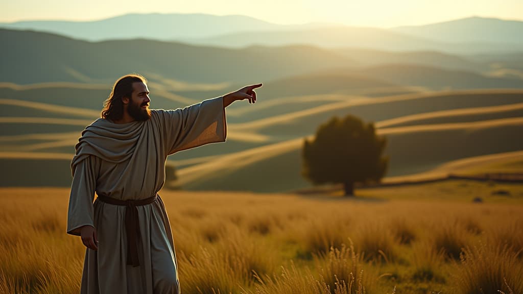  history of biblical times, the servant joyfully pointing out isaac to rebecca as he approaches, with a background of rolling hills and fields. hyperrealistic, full body, detailed clothing, highly detailed, cinematic lighting, stunningly beautiful, intricate, sharp focus, f/1. 8, 85mm, (centered image composition), (professionally color graded), ((bright soft diffused light)), volumetric fog, trending on instagram, trending on tumblr, HDR 4K, 8K