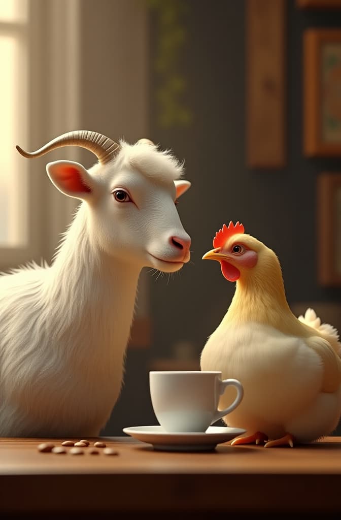  eres un artista de caricaturas. crea una imagen con fondo blanco donde se encuentre una vaca y una gallina hablando. sentadas tomando café. hyperrealistic, full body, detailed clothing, highly detailed, cinematic lighting, stunningly beautiful, intricate, sharp focus, f/1. 8, 85mm, (centered image composition), (professionally color graded), ((bright soft diffused light)), volumetric fog, trending on instagram, trending on tumblr, HDR 4K, 8K