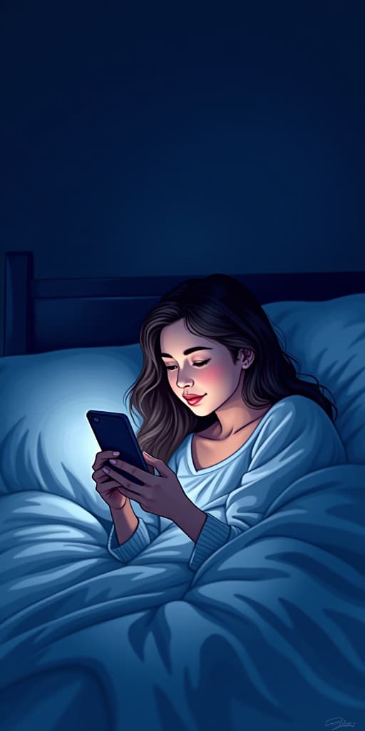  good quality, high quality, lineless vector illustration, watercolor comics, midnight, dark setting, checking phone lying on her bed in complete darkness, phone screen lighting up her face in the absolute darkness, screen flash lighting, 2d vector,