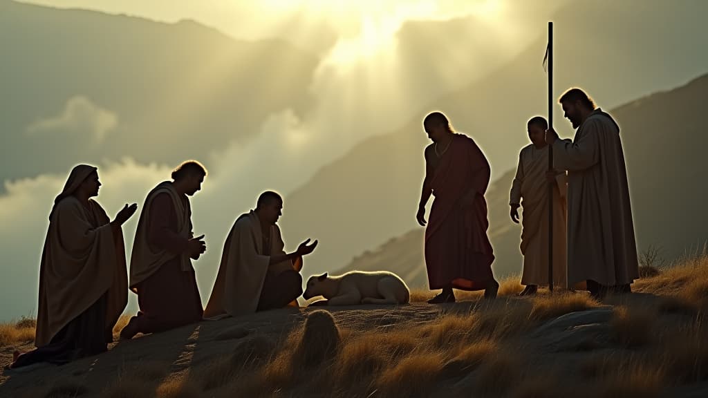  history of biblical times, jacob offers a sacrifice on the mountain, surrounded by his family in prayer and reverence. hyperrealistic, full body, detailed clothing, highly detailed, cinematic lighting, stunningly beautiful, intricate, sharp focus, f/1. 8, 85mm, (centered image composition), (professionally color graded), ((bright soft diffused light)), volumetric fog, trending on instagram, trending on tumblr, HDR 4K, 8K