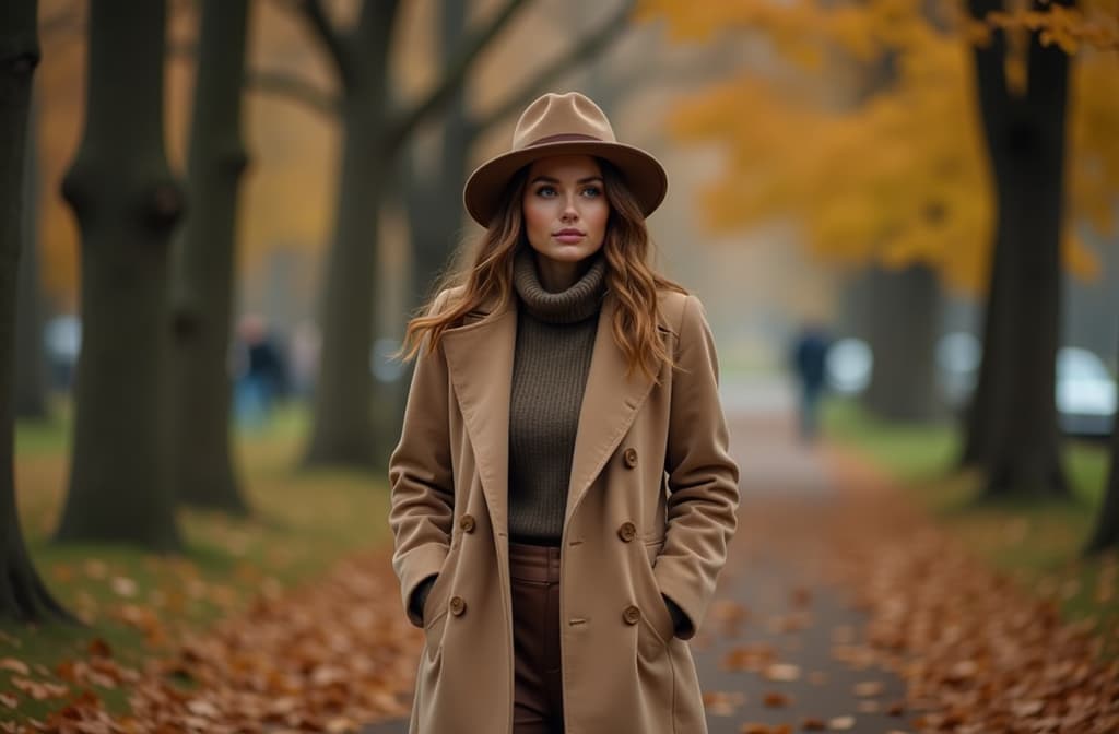  professional detailed photography, a beautiful woman walks in a coat and hat in an autumn park. atmospheric. ar 3:2, (muted colors, dim colors, soothing tones), (vsco:0.3)