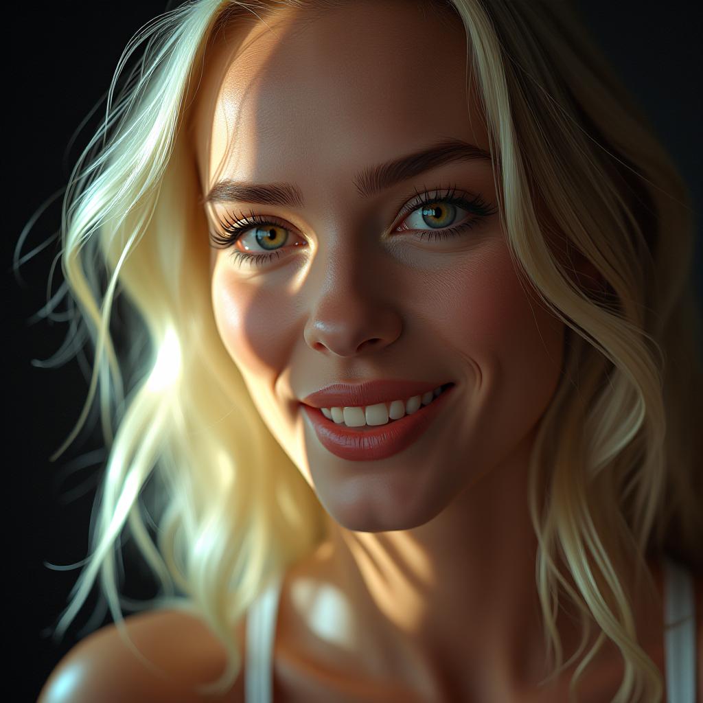  a radiant close up depicting a glamorous and confident blond european woman, highlighted by strategically focused ring light, illuminating her flawless skin, ethereal eyes and her playful smile. the monochromatic backdrop allows the light to sculpt her face. imagined with a leica sl2 and a 50mm f/0.95 noctilux lens. hyperrealistic, full body, detailed clothing, highly detailed, cinematic lighting, stunningly beautiful, intricate, sharp focus, f/1. 8, 85mm, (centered image composition), (professionally color graded), ((bright soft diffused light)), volumetric fog, trending on instagram, trending on tumblr, HDR 4K, 8K