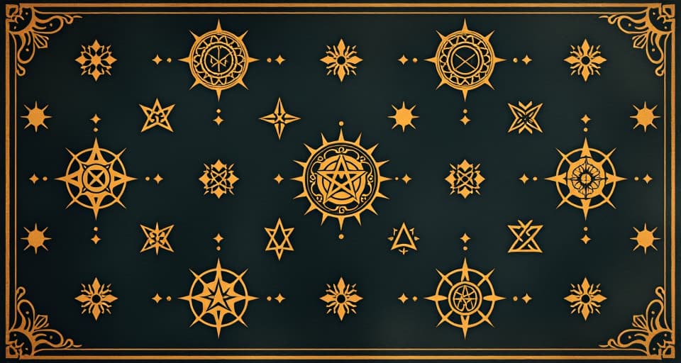  a pattern of symbols on a dark background, glowing softly, deliberate placement, cosmic, mystical purpose. an illustration in the style of a worn, mystical old tarot trump card, mysterious and elements of surrealism. the colors are muted, somber and eerie, but with contrast bring out an occult and esoteric vibe.