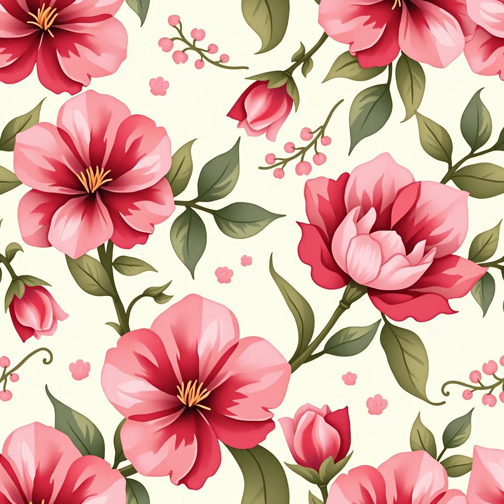  create a seamless digital design featuring a pattern of large, beautiful flowers with soft, watercolor like effects. the flowers should cover the entire surface, creating a bold, elegant, and continuous look. the overall style should be light and airy, with delicate leaves and petals to enhance the natural, floral theme. the design should be seamless to ensure it can be used in repeating patterns or wraps.