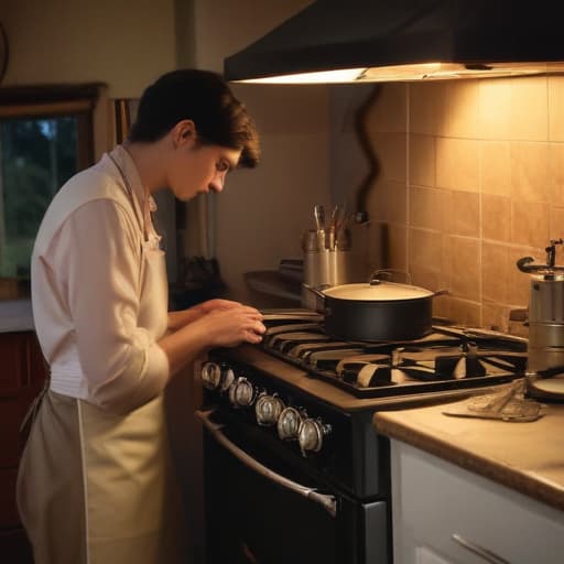 A photo of a skilled technician repairing a vintage stove appliance in a retro kitchen during the early evening with warm, ambient lighting enveloping the scene, casting soft shadows and creating a nostalgic atmosphere.