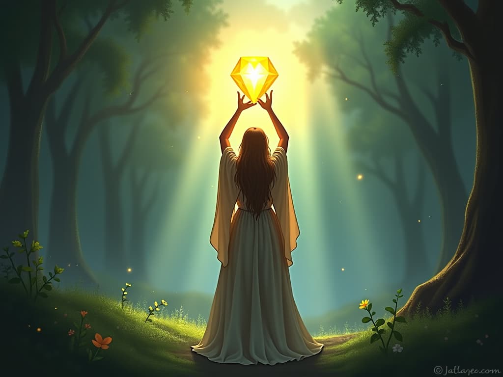  a glowing gem held aloft by an ethereal being in flowing robes, standing in a tranquil, enchanted forest. beams of light focus on the gem, symbolizing inner beauty and strength.. the style is digital art illustration,highly detailed, whimsical,magical, dreamlike atmosphere, realism and fantasy blend, smooth, glossy textures,luminous quality, wonder and enchantment.