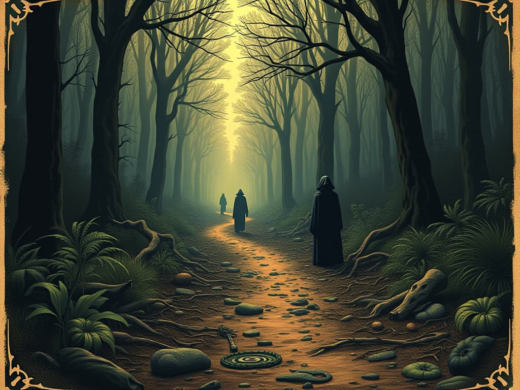  a trail of destruction in a dark forest, decaying trees and plants, shadowy figures lurking, aura of chaos, foreboding, blight. an illustration in the style of a worn, mystical old tarot trump card, mysterious and elements of surrealism. the colors are muted, somber and eerie, but with contrast bring out an occult and esoteric vibe.