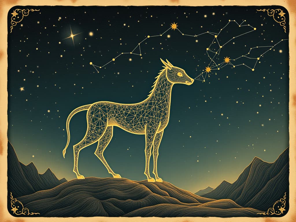  constellation forming the shape of a mythical creature, night sky ablaze with stars, mysterious and guiding, sense of destiny. an illustration in the style of a worn, mystical old tarot trump card, mysterious and elements of surrealism. the colors are muted, somber and eerie, but with contrast bring out an occult and esoteric vibe.