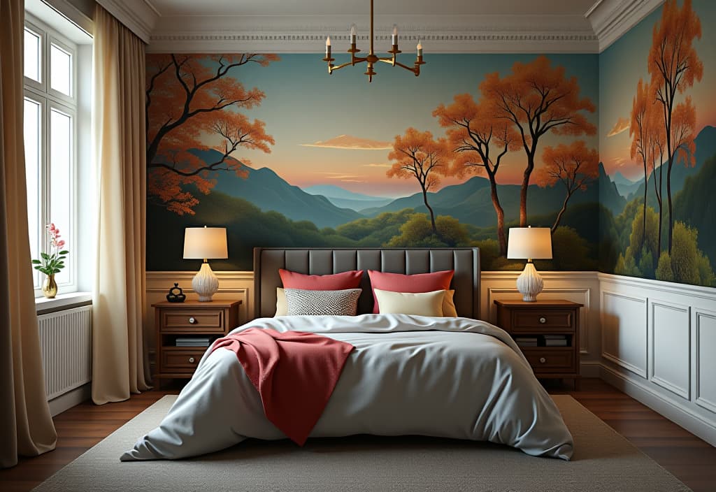  a landscape photo of an artistic bedroom scene showcasing a diy hand painted wallpaper effect using affordable techniques and materials hyperrealistic, full body, detailed clothing, highly detailed, cinematic lighting, stunningly beautiful, intricate, sharp focus, f/1. 8, 85mm, (centered image composition), (professionally color graded), ((bright soft diffused light)), volumetric fog, trending on instagram, trending on tumblr, HDR 4K, 8K