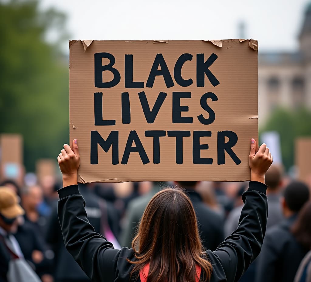  a person holding a black lives matter banner at a protest