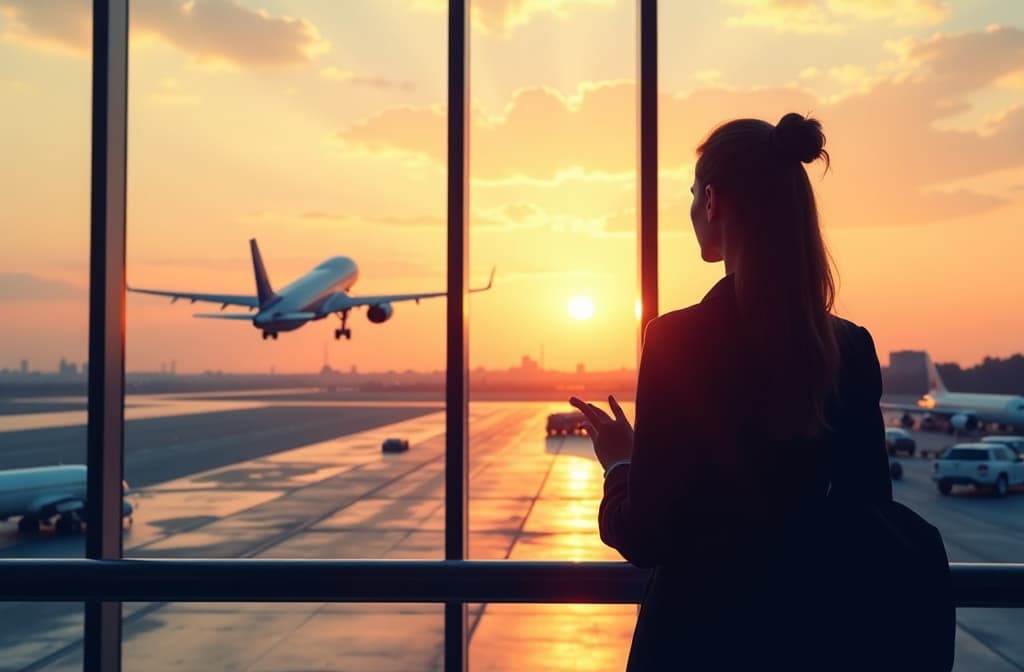  travel by plane, woman passenger waiting in airport, silhouette of passenger watching aircraft taking off ar 3:2 {prompt}, maximum details