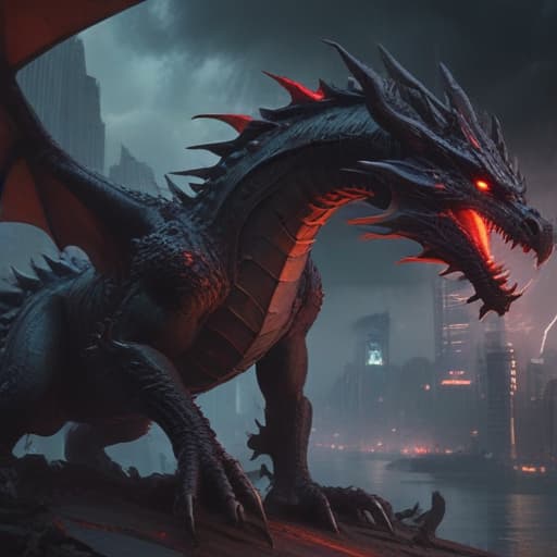 In a futuristic cyberpunk cityscape, a massive dragon made of sleek, black metal stands tall, its eyes glowing with an ominous red light. It breathes out a swirling vortex of dark energy, causing the surroundings to distort and warp. In the background, a storm of digital code rains down from the sky, forming a barrier around the dragon. The scene is both awe-inspiring and eerie, capturing the power and presence of the Gadjiltron Dragon Nishnur. fantastical creatures or characters inspired by mythology, folklore, or popular culture. use vibrant colors, sharp lines, intricate details, dynamic poses, dramatic lighting, atmospheric backgrounds, and blend anime, manga, and Western comic influences.