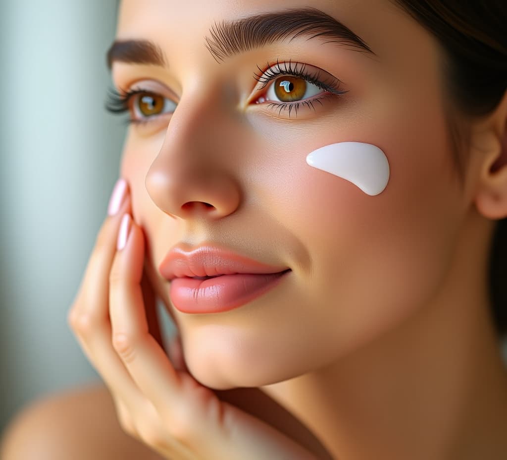  beauty close up portrait of young woman with a healthy glowing skin is applying a skincare product.