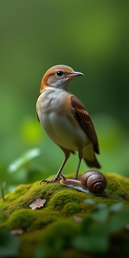  a thrush standing elegantly on moss with a snail in a lush green forest setting, high quality, high details, hd, perfect composition, 4k epic detailed, highly detailed, sharp focus, high resolution