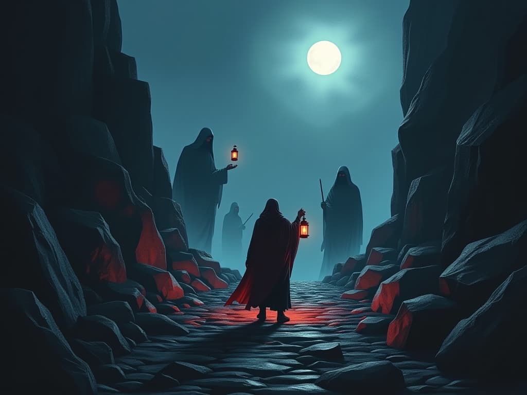  a lone hermit on a rocky path, surrounded by shadowy spectral figures, carrying a lantern glowing with forgiveness, rugged surroundings, moonlight casting harsh shadows.. the style is dark fantasy and mysterious occult, symbolic, moody lighting, esoteric vibe,high detail on character design. for the color scheme emphasize blacks and reds.