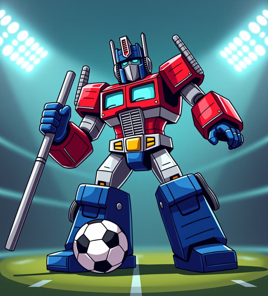  vector illustration of a doofy looking optimus prime, holding a football goal post like a pitchfork, while stomping on a football., high quality, high details, hd, perfect composition, 4k epic detailed, highly detailed, sharp focus, high resolution