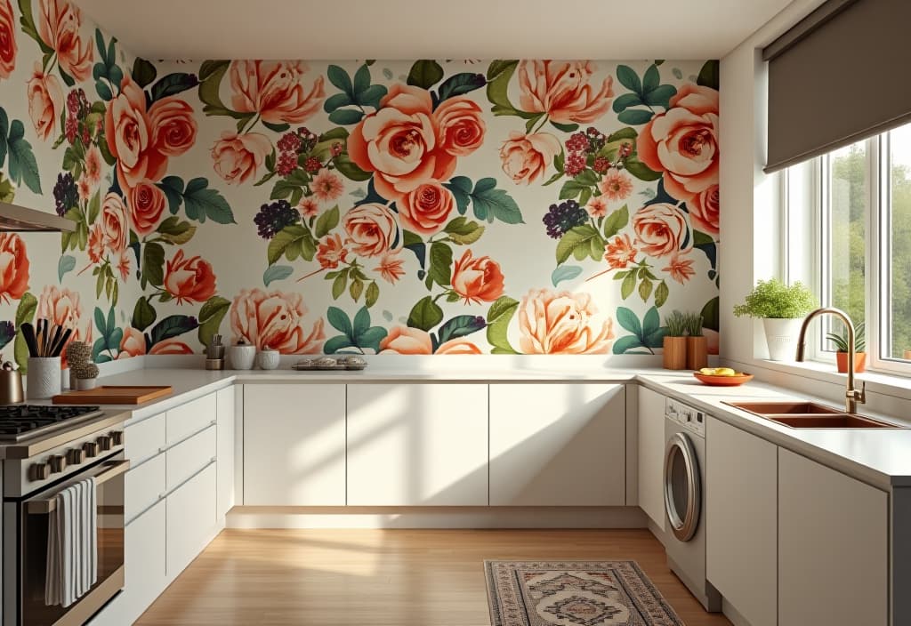  a landscape photo of a bright kitchen with a feature wall covered in a bold, oversized floral peel and stick wallpaper, adding a pop of color and pattern to the space hyperrealistic, full body, detailed clothing, highly detailed, cinematic lighting, stunningly beautiful, intricate, sharp focus, f/1. 8, 85mm, (centered image composition), (professionally color graded), ((bright soft diffused light)), volumetric fog, trending on instagram, trending on tumblr, HDR 4K, 8K