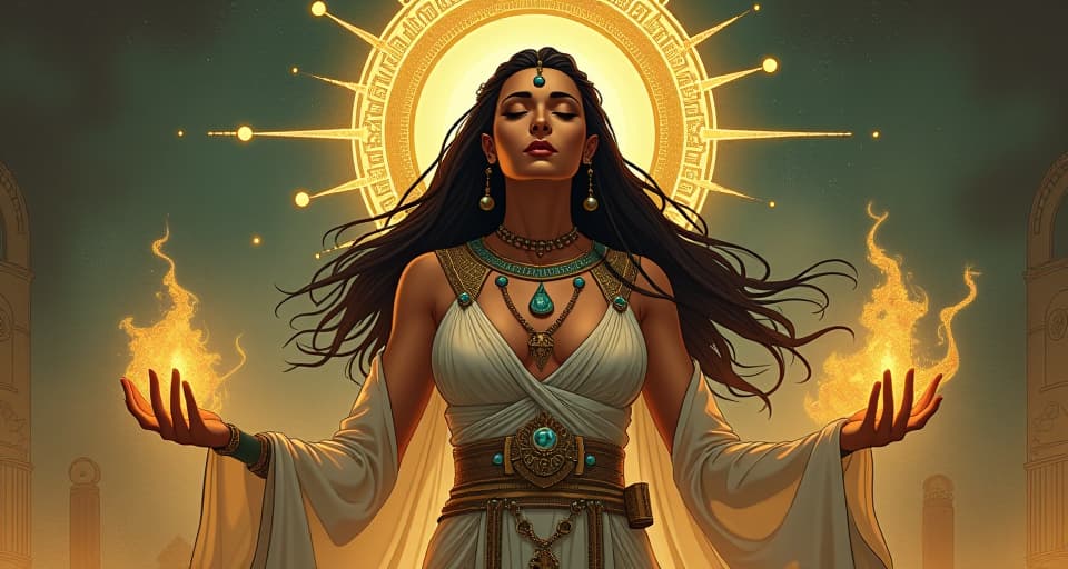  a large busted oracle in sheer, flowing garments, eyes closed in deep concentration, glowing symbols of intuition and foresight around her. the style is digital art illustration / modern comic book / mysterious occult, symbolic, esoteric vibe,high detail on character design, incorporating ancient egyptian symbology and attire.