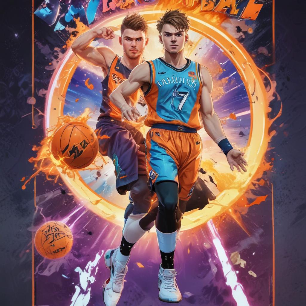 distance-shot, flashy, full-body, dynamic, holographic, animated cartoon poster of luka doncic in the style of dragon ball super