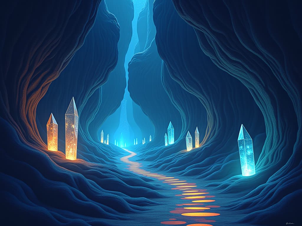  mystical cavern, glowing crystals, ethereal paths, transcendent atmosphere, introspective and serene mood. the style is digital art illustration,highly detailed, whimsical,magical, dreamlike atmosphere, realism and fantasy blend, smooth, glossy textures,luminous quality, wonder and enchantment.