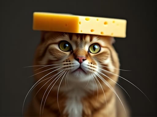  a cat with a cheeseboard on it's head