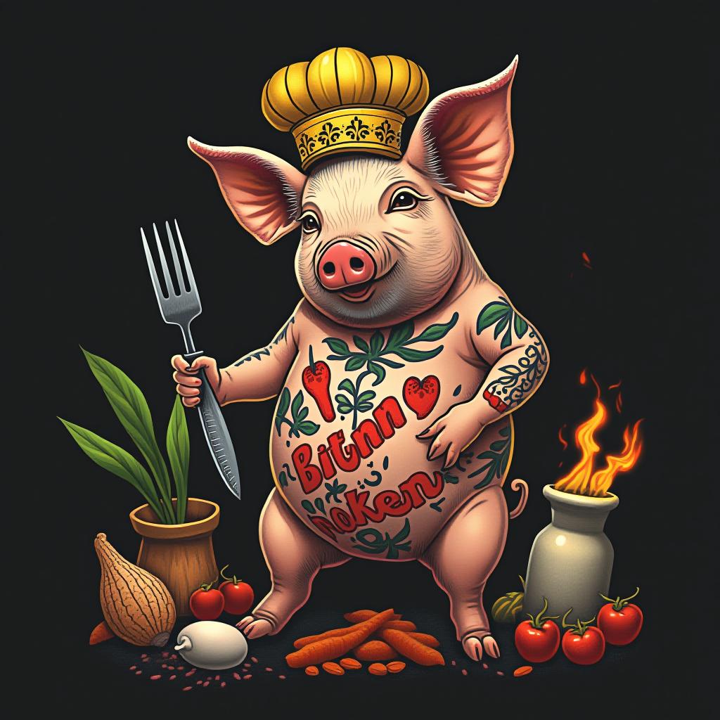  design a logo, in a surrealism style. pig standing cook fork knife eat flames spices vegetables cold cuts chicken tattoo, with the text 'la bonne pitance'.