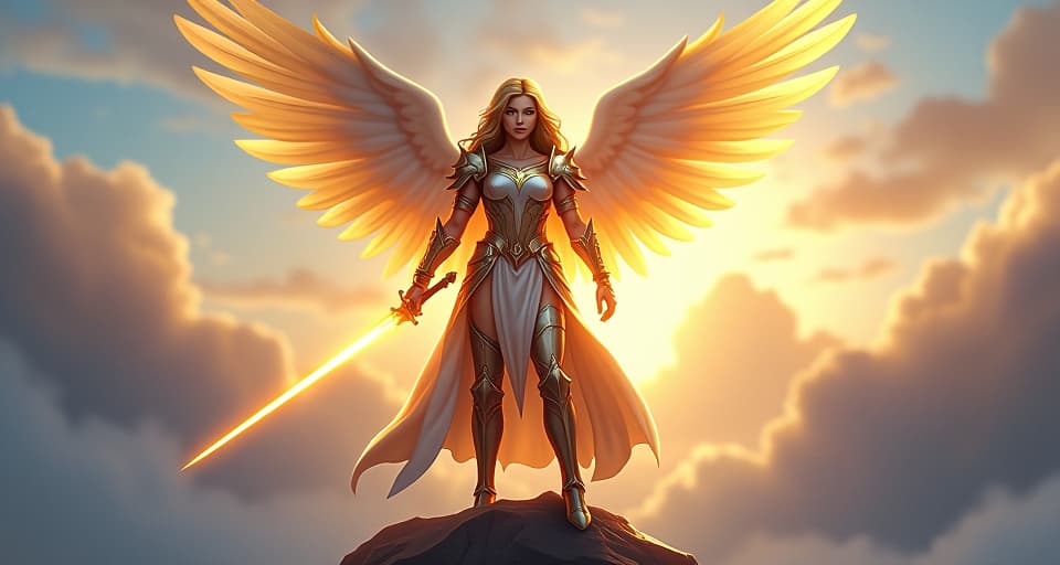  a relentless warrior angel in radiant, shimmering armor, standing atop a celestial mountain, her eyes filled with unyielding determination, a sword of light glowing in her hand.. the style is digital art illustration,highly detailed, whimsical,magical, dreamlike atmosphere, realism and fantasy blend, smooth, glossy textures,luminous quality, wonder and enchantment.