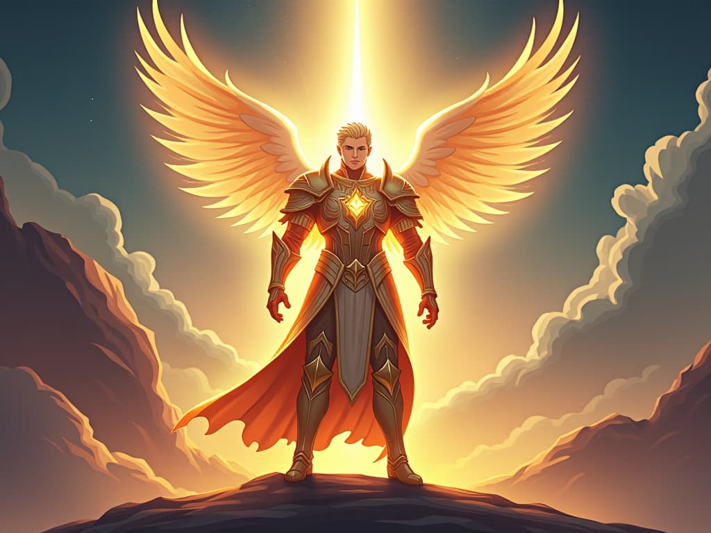  a luminous warrior with radiant armor, standing in a celestial landscape, surrounding light beams, aura of conviction and strength. the style is digital art illustration,highly detailed, whimsical,magical, dreamlike atmosphere, realism and fantasy blend, smooth, glossy textures,luminous quality, wonder and enchantment.