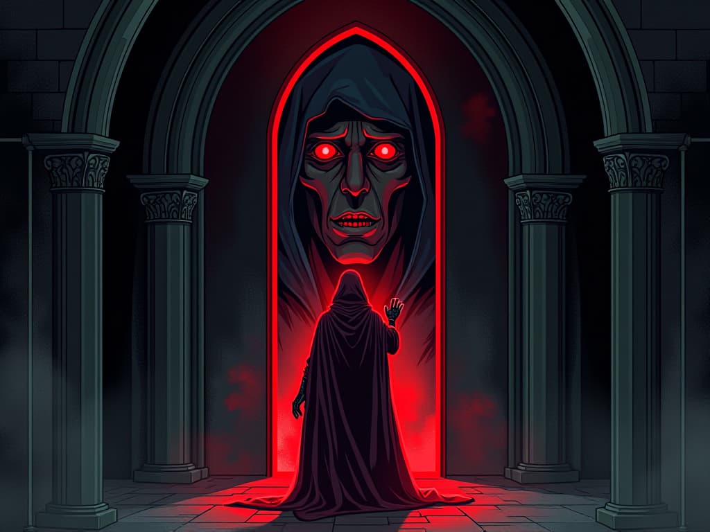  gothic archway with mirror reflecting distorted face, figure in red cloak reaching out, eerie glow, confrontation with reality. the style is digital art illustration / modern comic book / graphic dark novel fantasy and mysterious occult, symbolic, moody lighting, esoteric vibe,high detail on character design. for the color scheme emphasize blacks and reds.