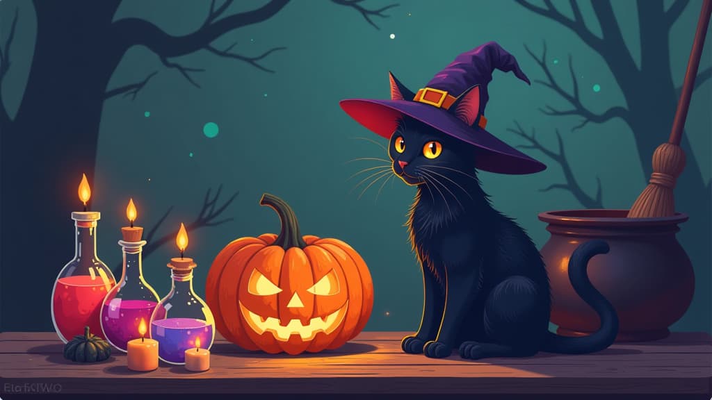  flat illustration, flaticon, (illustration:1.15), a black cat wearing a witch's hat is sitting next to a halloween pumpkin. there are flasks of various shapes and sizes containing differently colored potions nearby. several lit candles are placed around them. in the background, there is a broom and a cauldron. a witchcraft atmosphere. ar 16:9, [cory loftis, strobist, pascal campion :: 0.2]