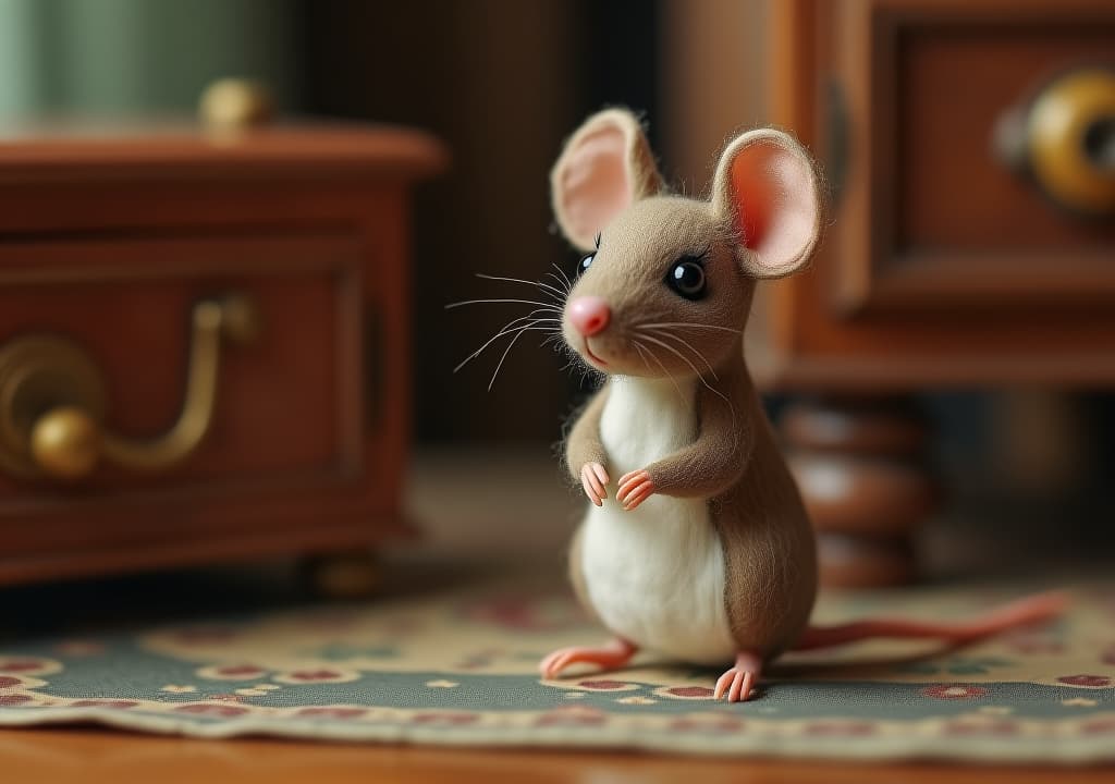  a curious mouse in a vintage setting, close up, felted toy, antique furniture, mouse figurine, vintage, antique