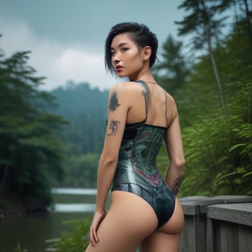 Fille asiatique tatouée maillot de bain in Cyberpunk style with Forêts background