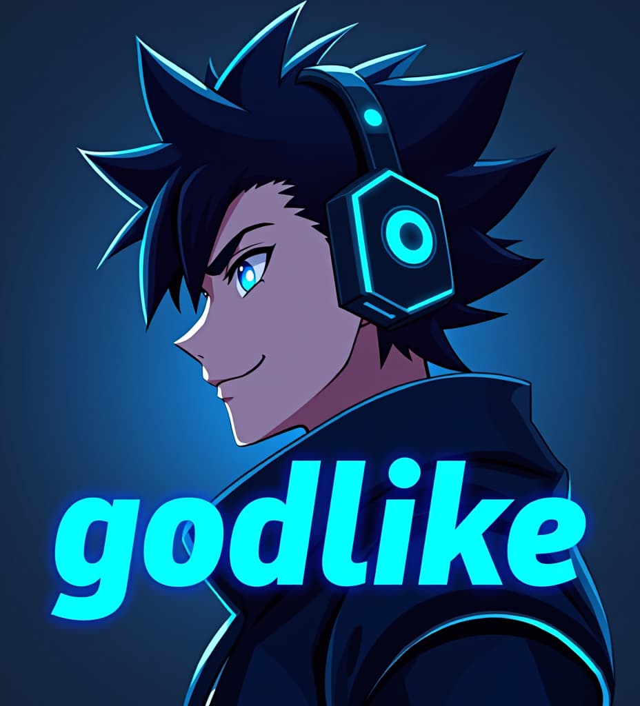  good quality, high quality, anime style profile picture design of a handsome boy with sharp, angular features, dark spiky hair, and glowing blue eyes, wearing a futuristic headset and sleek black outfit. the word "godlike" is in bold, stylized font with neon blue accents, in front of a digital design backdrop.