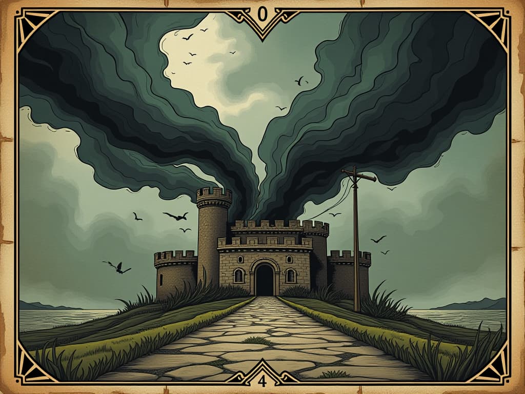  gusts of wind carrying dark, ominous clouds, attempting to topple a strong fortification, resilience, persistence against adversity. an illustration in the style of a worn, mystical old tarot trump card, mysterious and elements of surrealism. the colors are muted, somber and eerie, but with contrast bring out an occult and esoteric vibe.