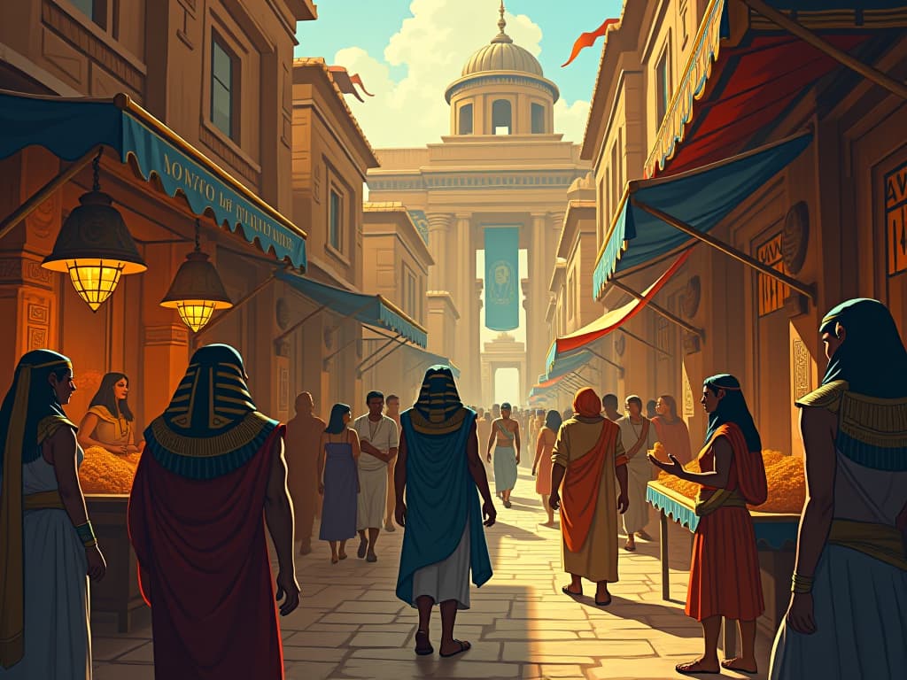  ancient egyptian marketplace, bustling with activity, ever changing, symbolizing the constant nature of change. the style is digital art illustration / modern comic book / mysterious occult, symbolic, esoteric vibe,high detail on character design, incorporating ancient egyptian symbology and attire.