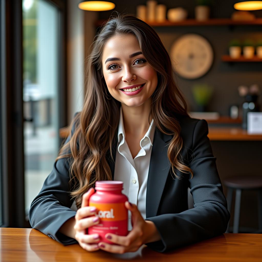  a brunette girl in a business suit is sitting in a coffee shop holding coral club vitamins in her hands.